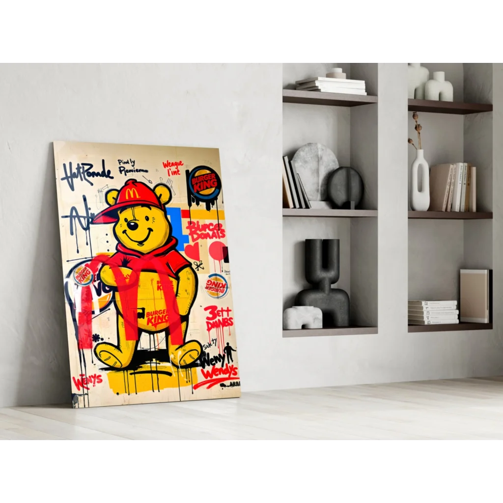 Vibrant yellow Winnie the Pooh graffiti glass wall art with Burger King logos