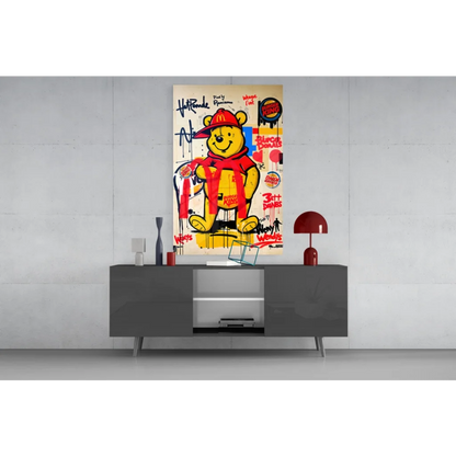 Vibrant yellow Winnie the Pooh graffiti on glass wall art canvas