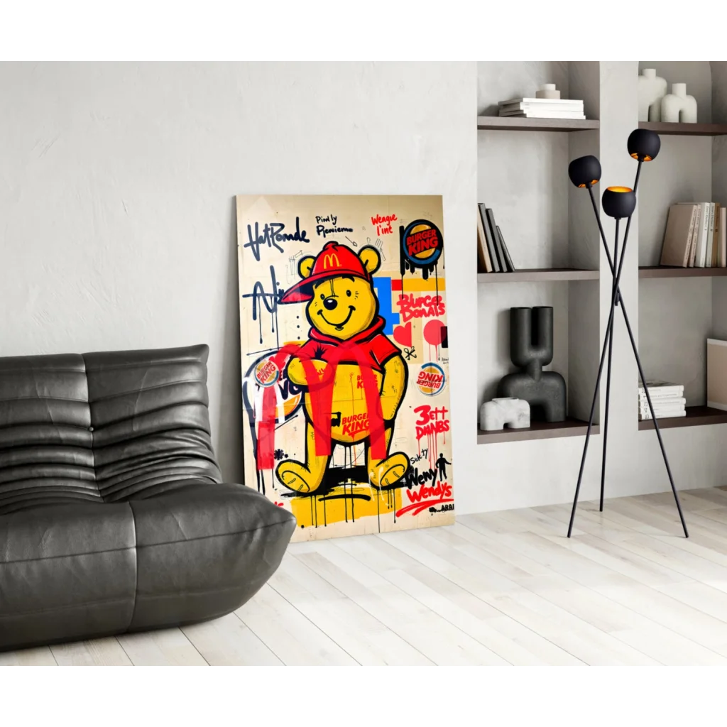 Vibrant yellow Winnie the Pooh graffiti glass wall art with fast-food logos