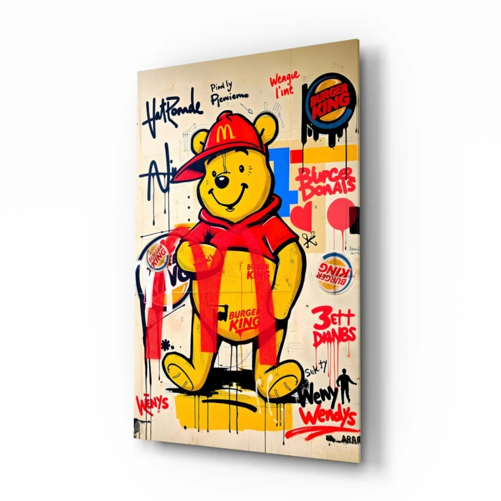 Vibrant Winnie the Pooh in red cap and scarf with graffiti fast food logos on glass wall art canvas