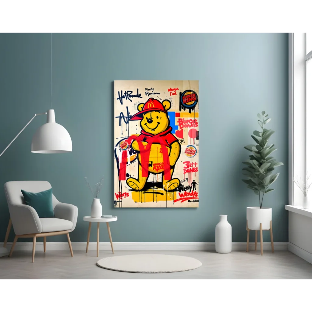 Vibrant yellow Winnie the Pooh graffiti glass wall art canvas with burger themes