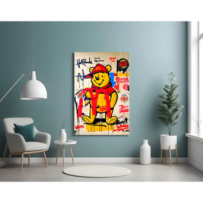 Vibrant yellow Winnie the Pooh graffiti glass wall art canvas with burger themes