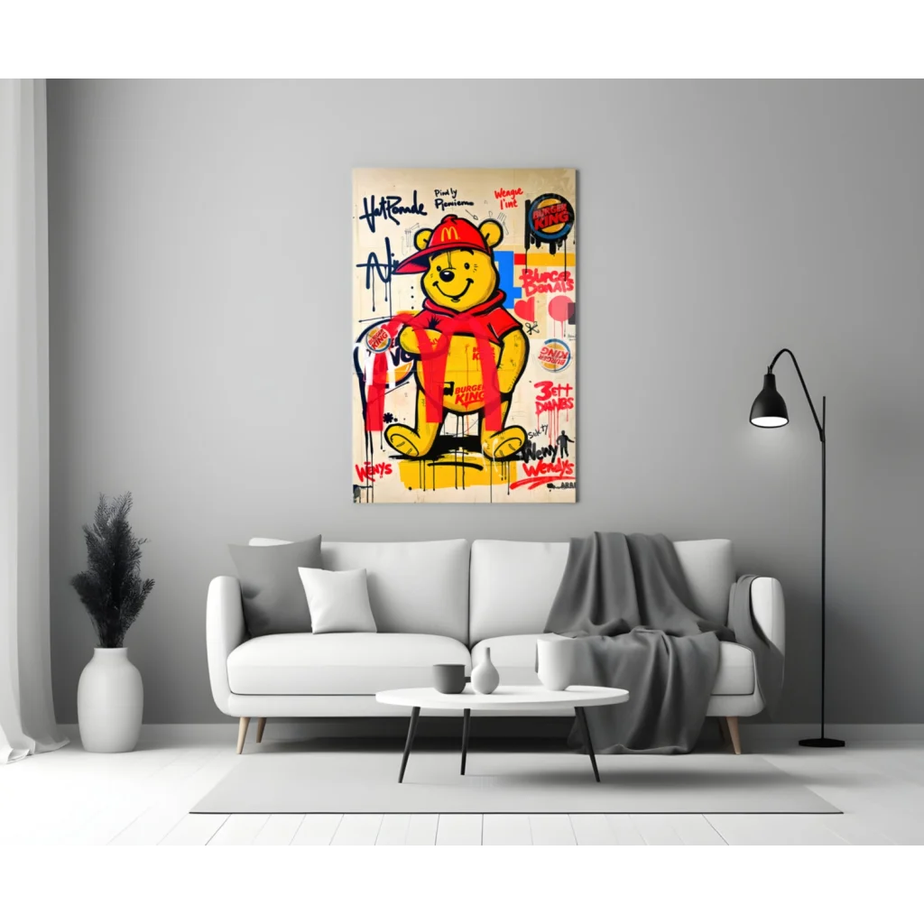 Vibrant yellow Winnie the Pooh in red McDonalds cap on graffiti glass wall art