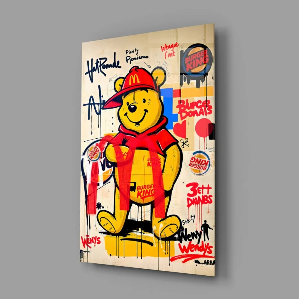 Vibrant Pooh Bear graffiti glass wall art with fast food logos