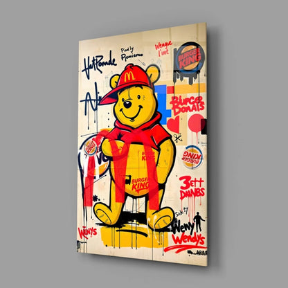 Vibrant Pooh Bear graffiti glass wall art with fast food logos
