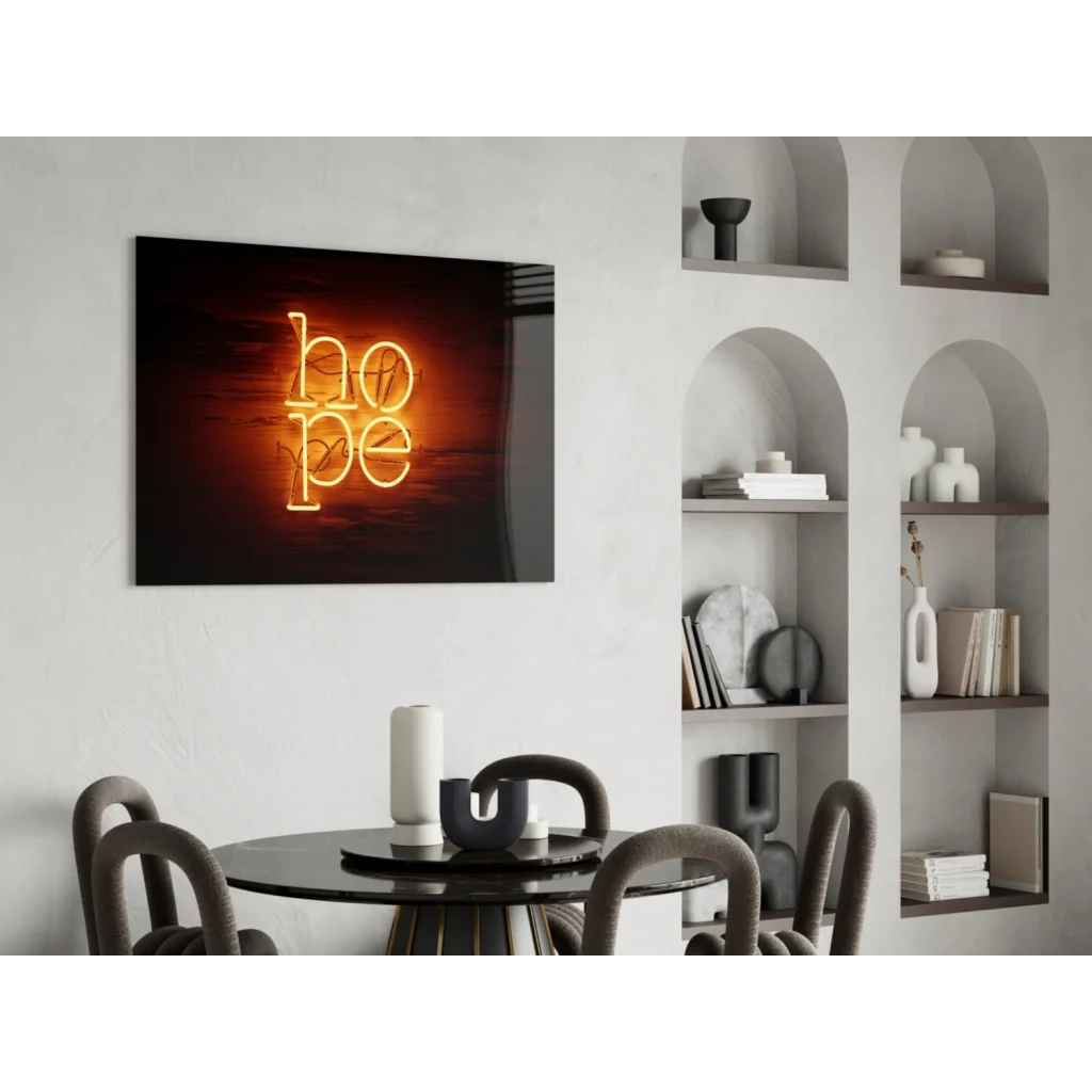 Glowing Hope neon sign in warm orange on dark wall art canvas