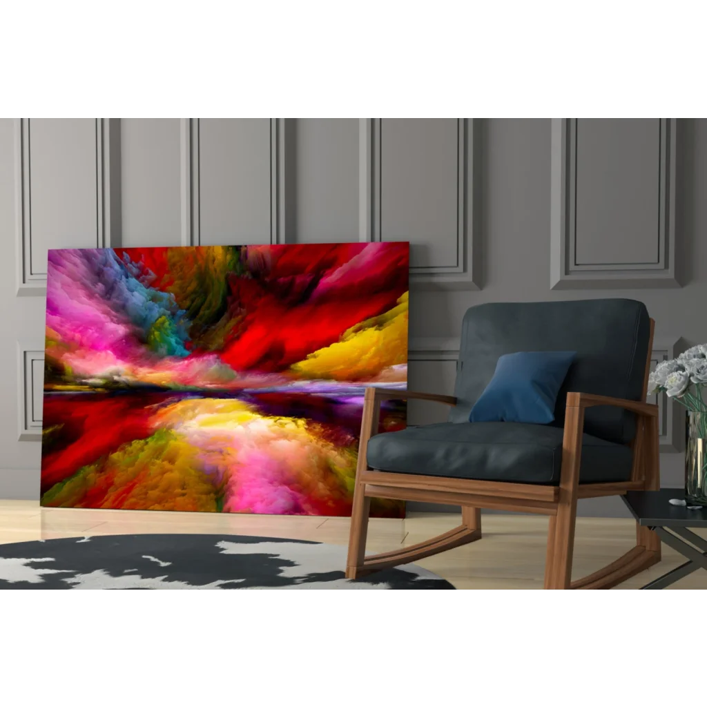 Vibrant swirling red, pink, yellow, blue abstract glass wall art on canvas