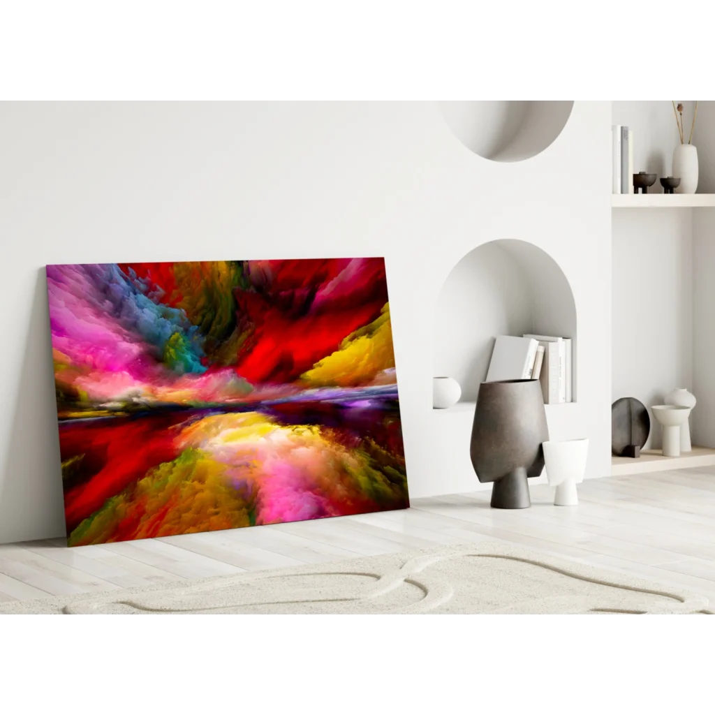 Vibrant swirling colors abstract glass wall art canvas in red, pink, yellow, purple