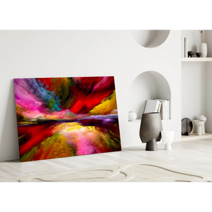 Vibrant swirling colors abstract glass wall art canvas in red, pink, yellow, purple