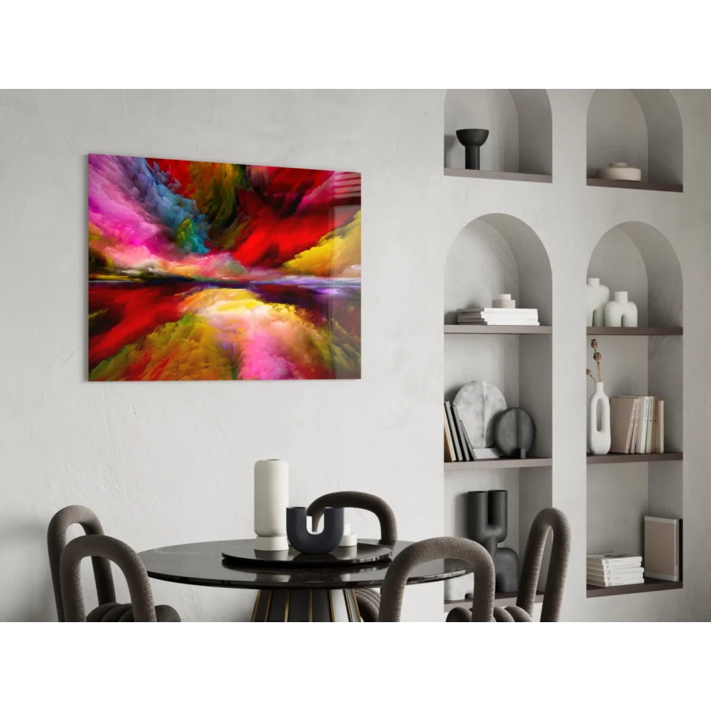 Vibrant swirling colors abstract glass wall art canvas in red, pink, yellow, blue