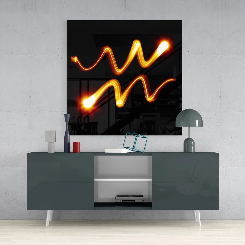 Glowing Aquarius zodiac tempered glass art with orange light trails