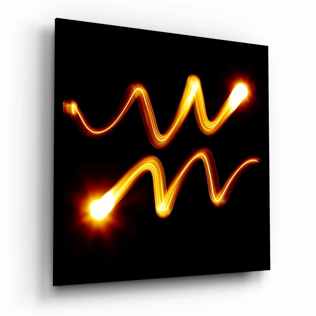 Glowing Aquarius zodiac tempered glass art with orange light trail