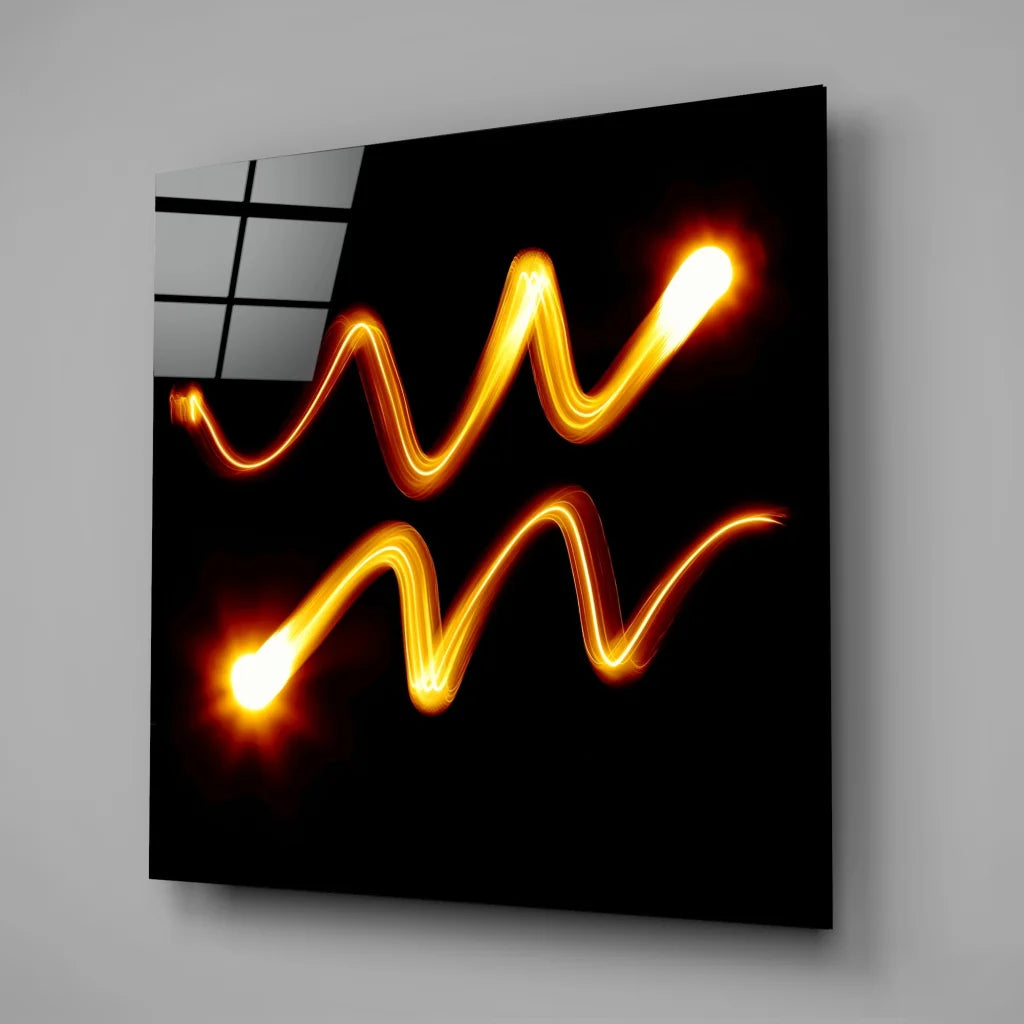 Glowing Aquarius zodiac tempered glass art with orange light trail
