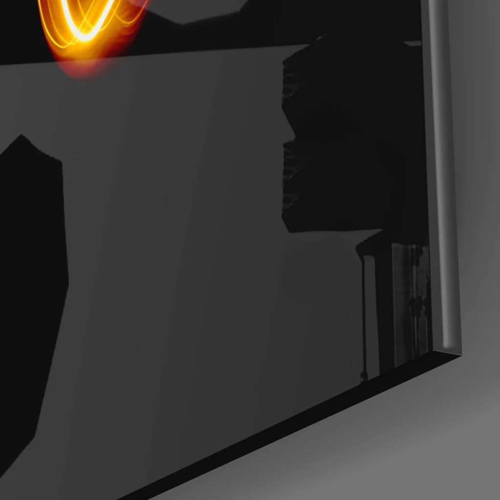 Sleek tempered glass art of Glowing Aquarius Zodiac with orange light trail