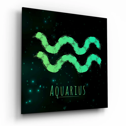 Glowing Aquarius Tempered Glass Art with Neon Green Symbol | Insigneart USA | vintageantiquesgifts.com