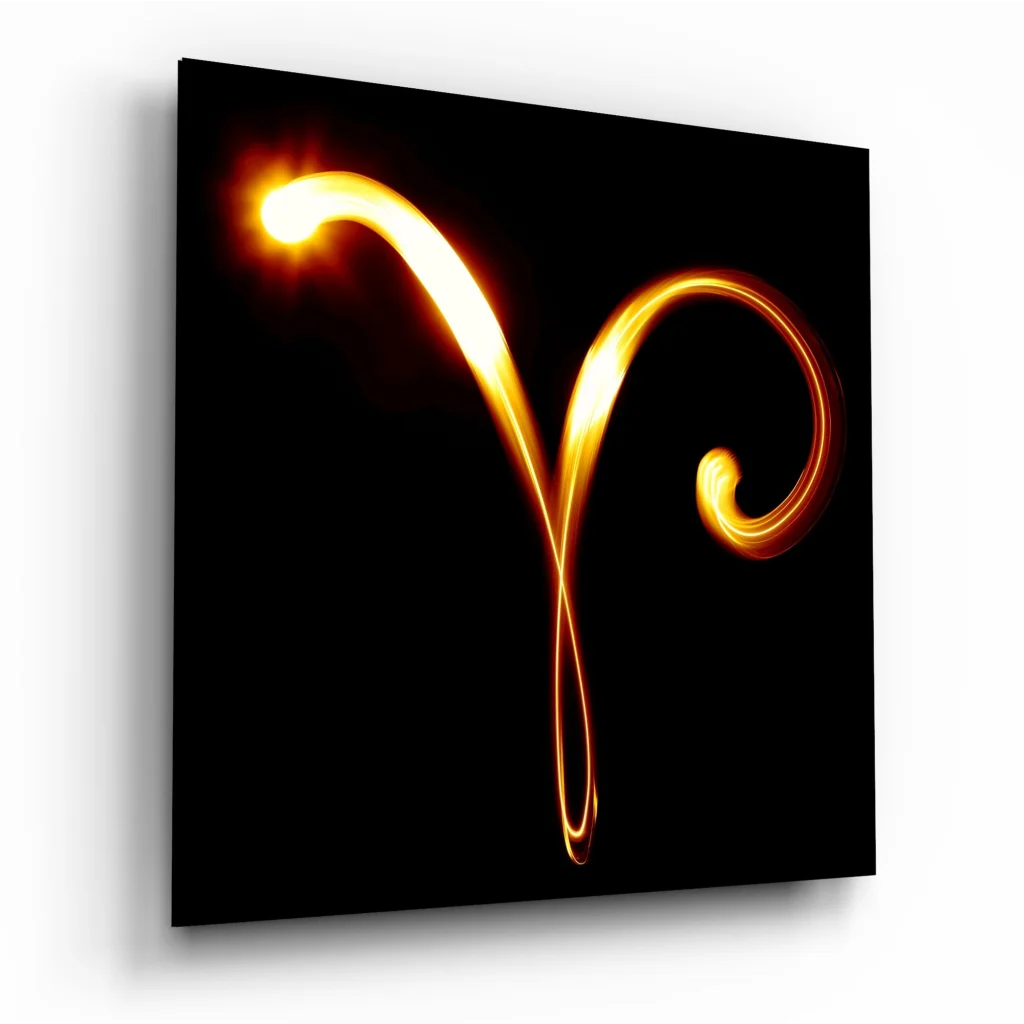 Aries Zodiac Tempered Glass Art with Golden Light Trails | Insigneart USA | vintageantiquesgifts.com