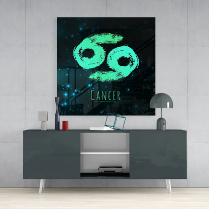 Cosmic Cancer Zodiac Tempered Glass Art with Glowing Teal Symbol | Contemporary Home Wall Art | vintageantiquesgifts.com