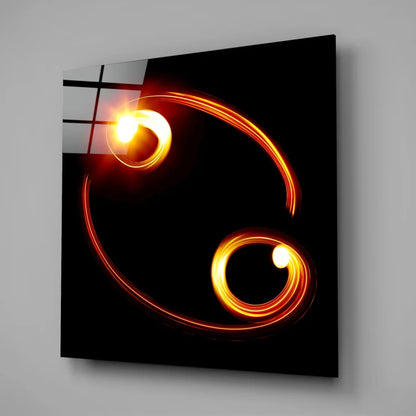 Glowing Cancer zodiac tempered glass art with orange spiral light trails