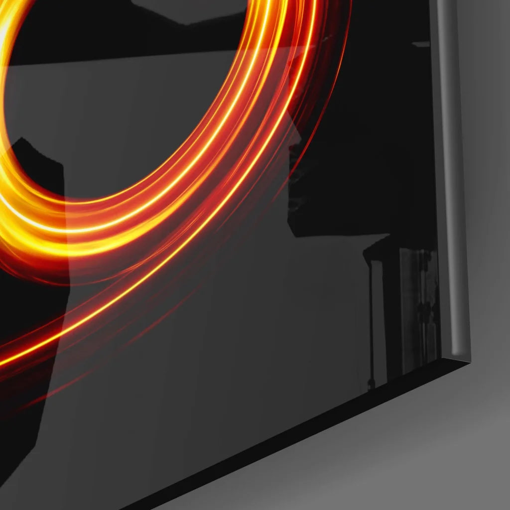 Glowing Cancer zodiac tempered glass art with orange yellow light trails