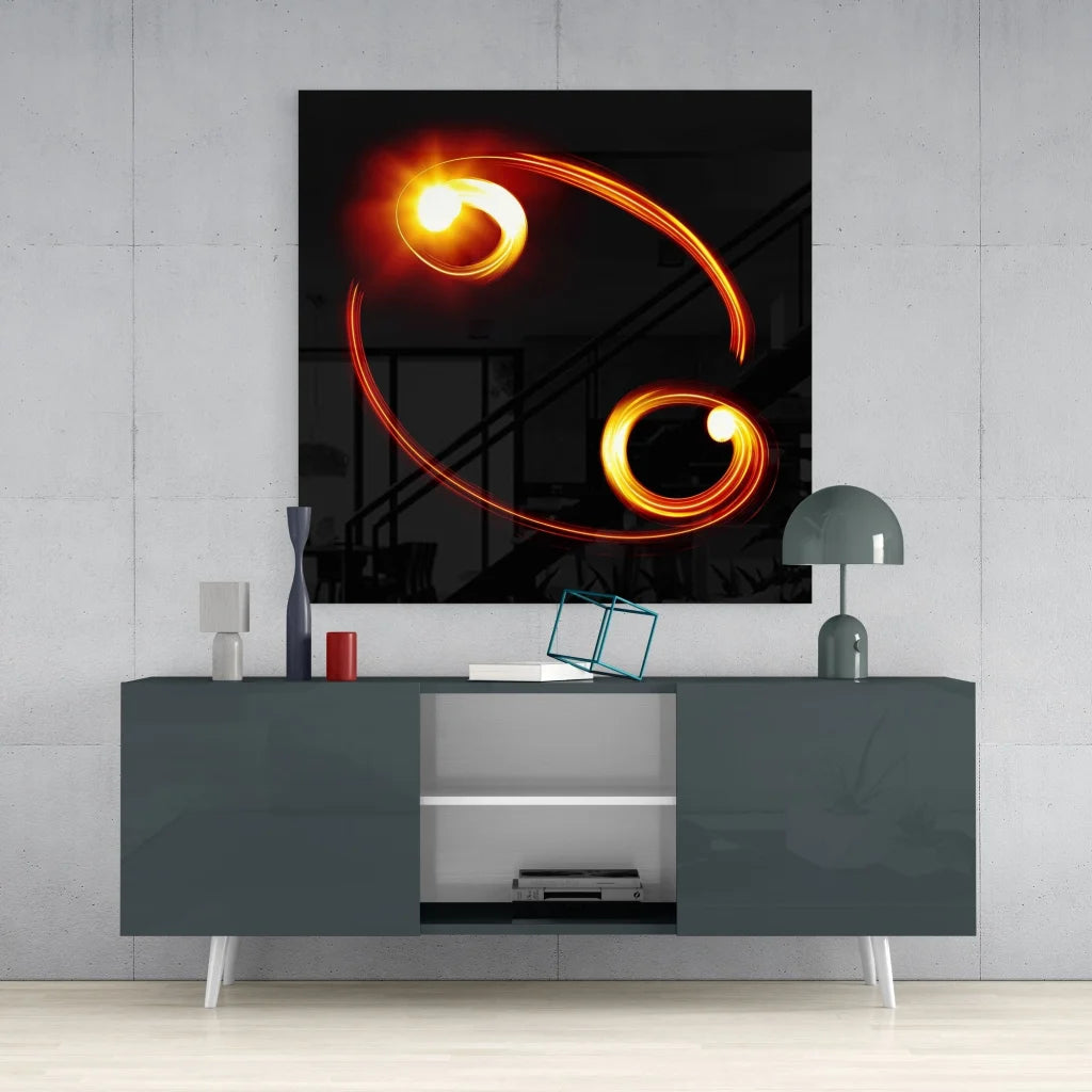 Glowing Cancer zodiac tempered glass art with orange yellow light trails