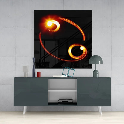 Glowing Cancer zodiac tempered glass art with orange yellow light trails