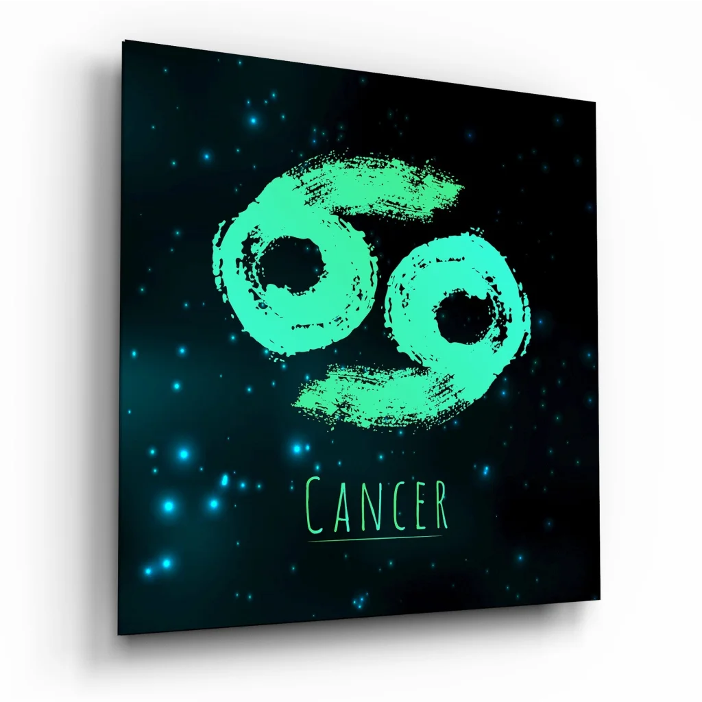 Cosmic Cancer Zodiac Tempered Glass Art with Glowing Teal Symbol | Insigneart USA | vintageantiquesgifts.com