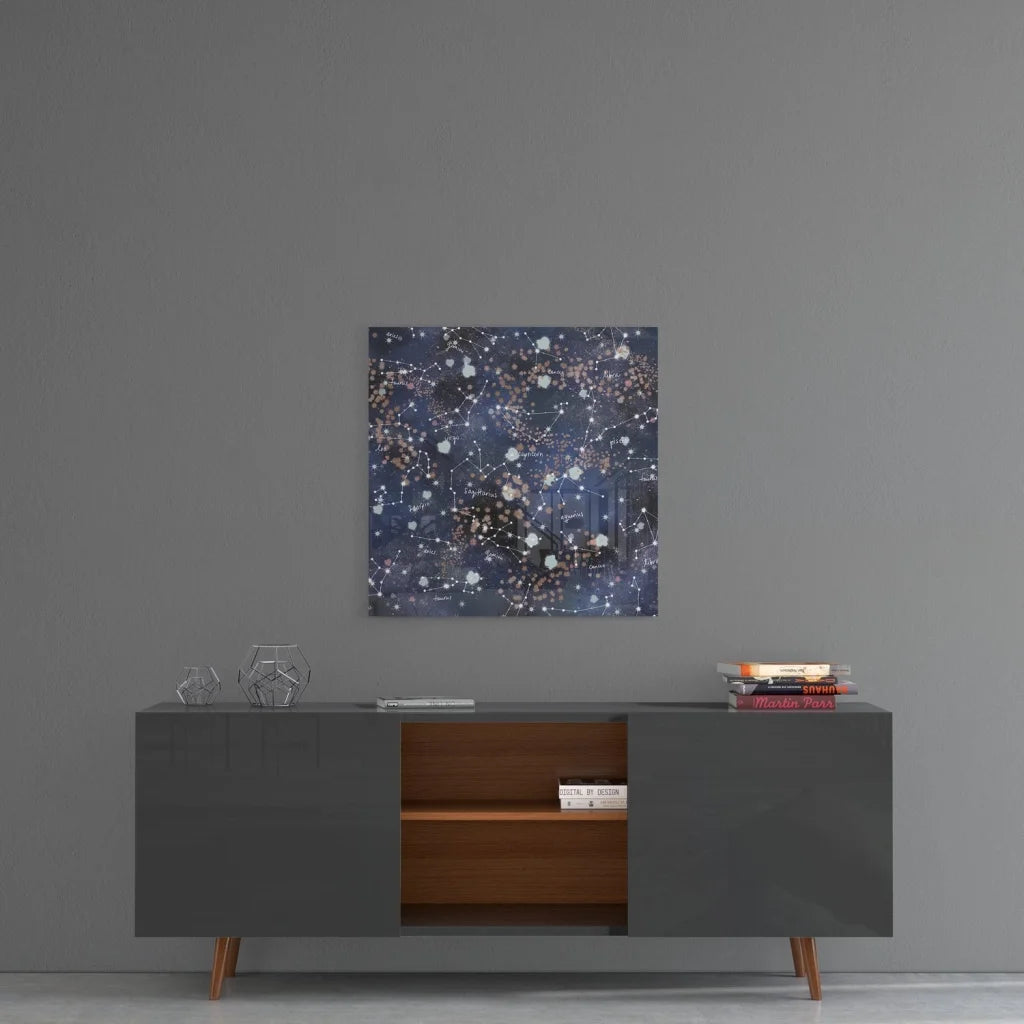 Stunning cosmic tempered glass art with starry night sky and glowing constellations