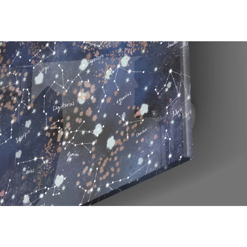 Sleek tempered glass art with navy cosmic design and glowing constellations