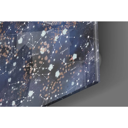 Sleek tempered glass art with navy cosmic design and glowing constellations