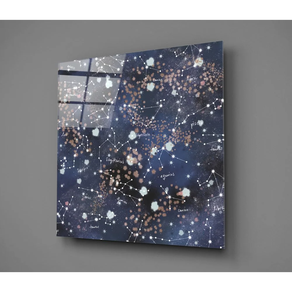 Sleek dark blue tempered glass art with glowing white constellations