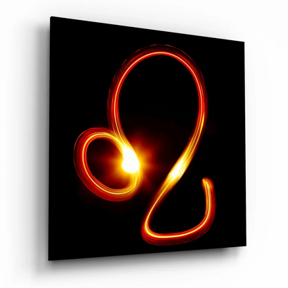 Glowing Leo zodiac tempered glass art on black canvas