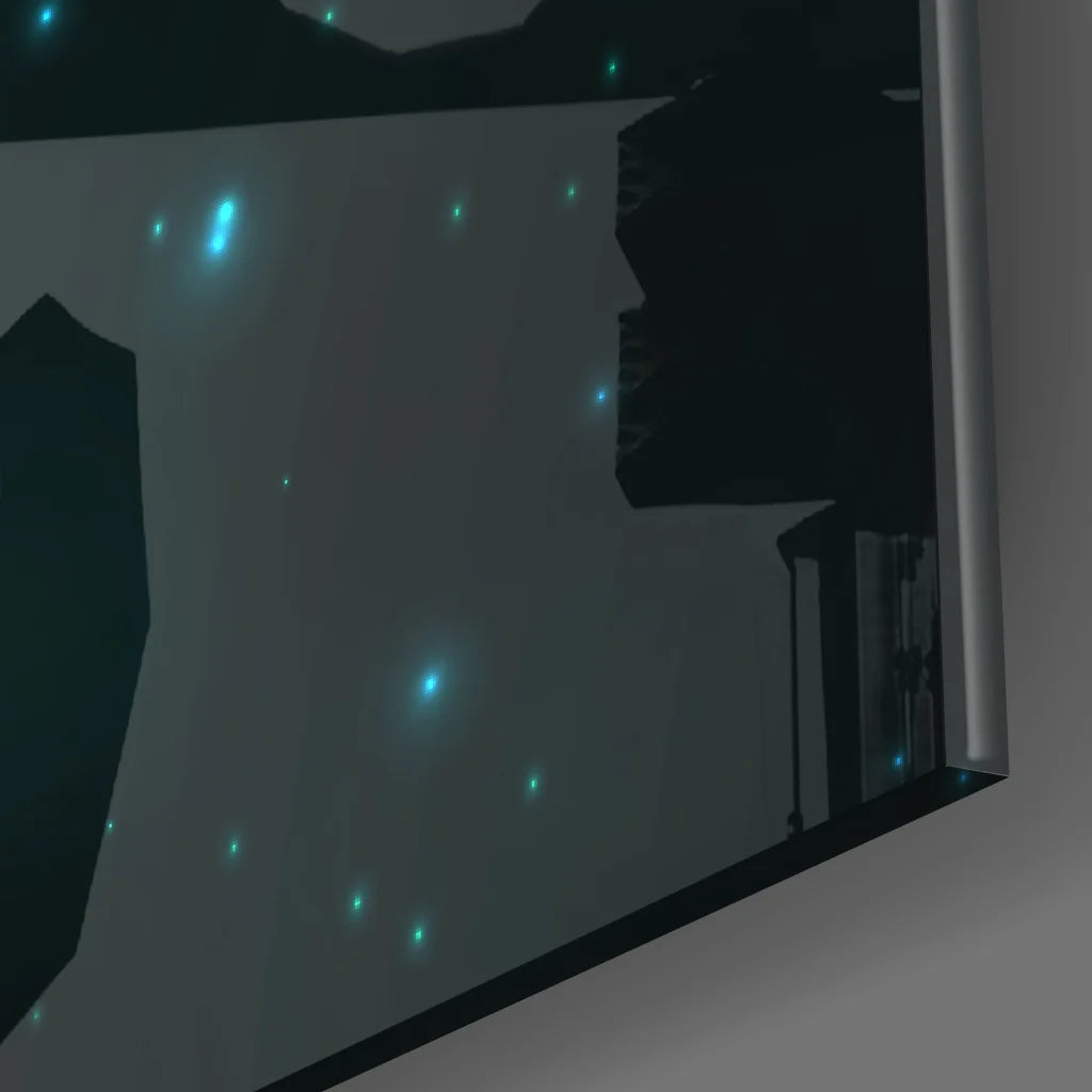 Glowing Libra zodiac tempered glass art with cosmic teal stars on reflective screen