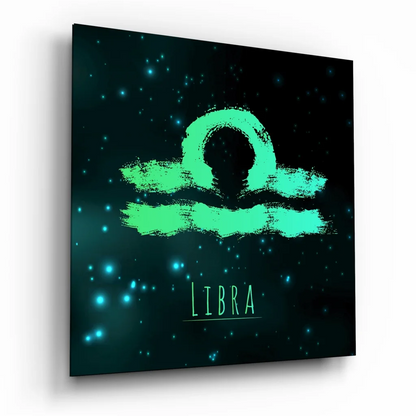 Glowing Libra zodiac tempered glass art with teal brushstrokes and cosmic stars