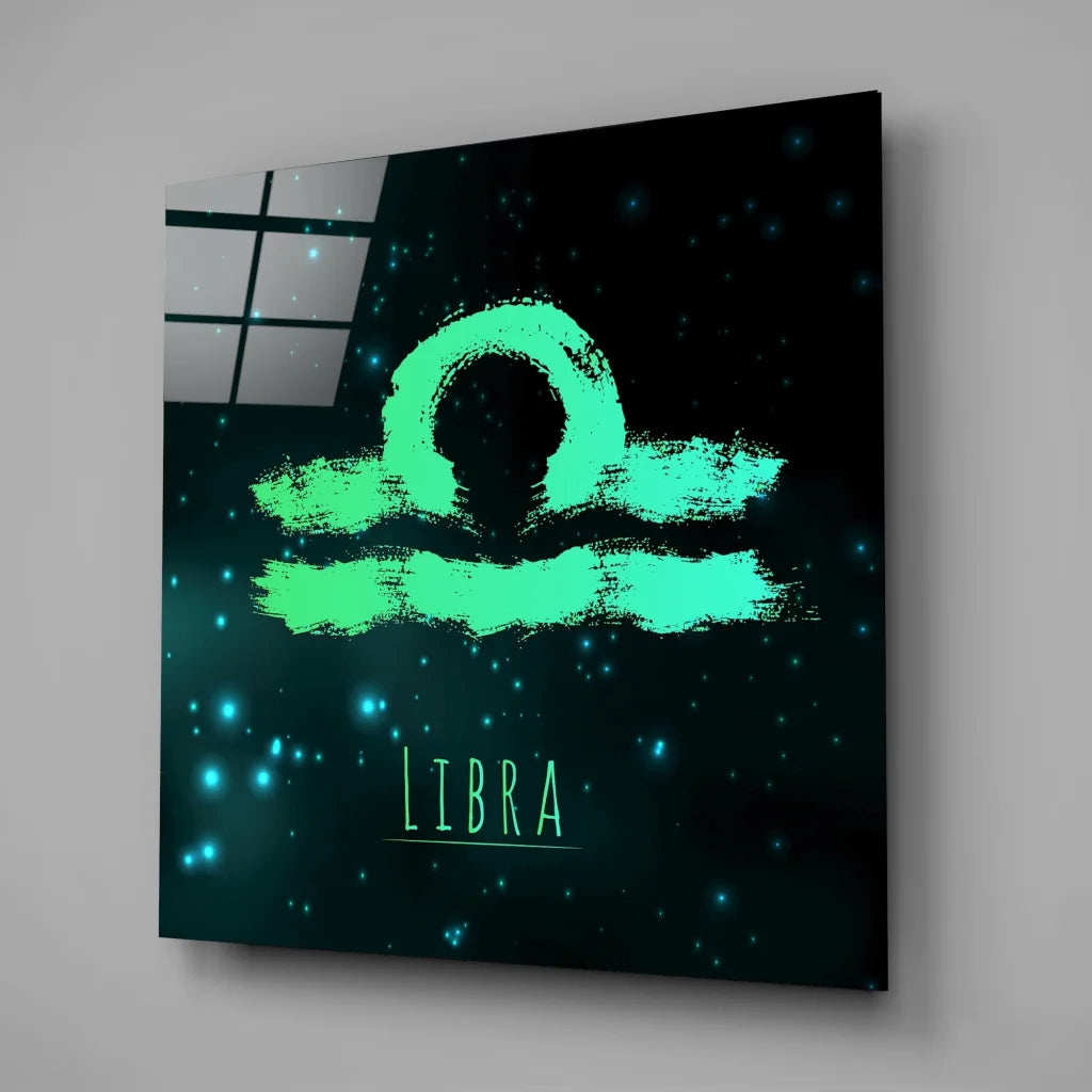 Glowing libra zodiac tempered glass art with cosmic teal stars
