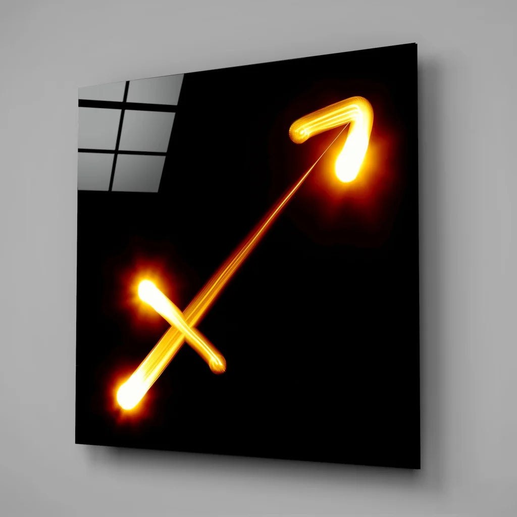 Glowing Sagittarius zodiac tempered glass art with orange light trail