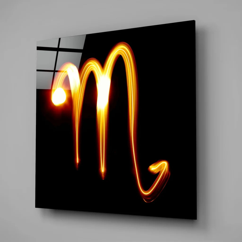 Glowing Scorpio zodiac tempered glass art on black panel