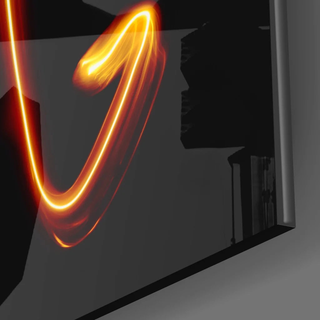 Glowing orange neon j on Scorpio zodiac tempered glass art