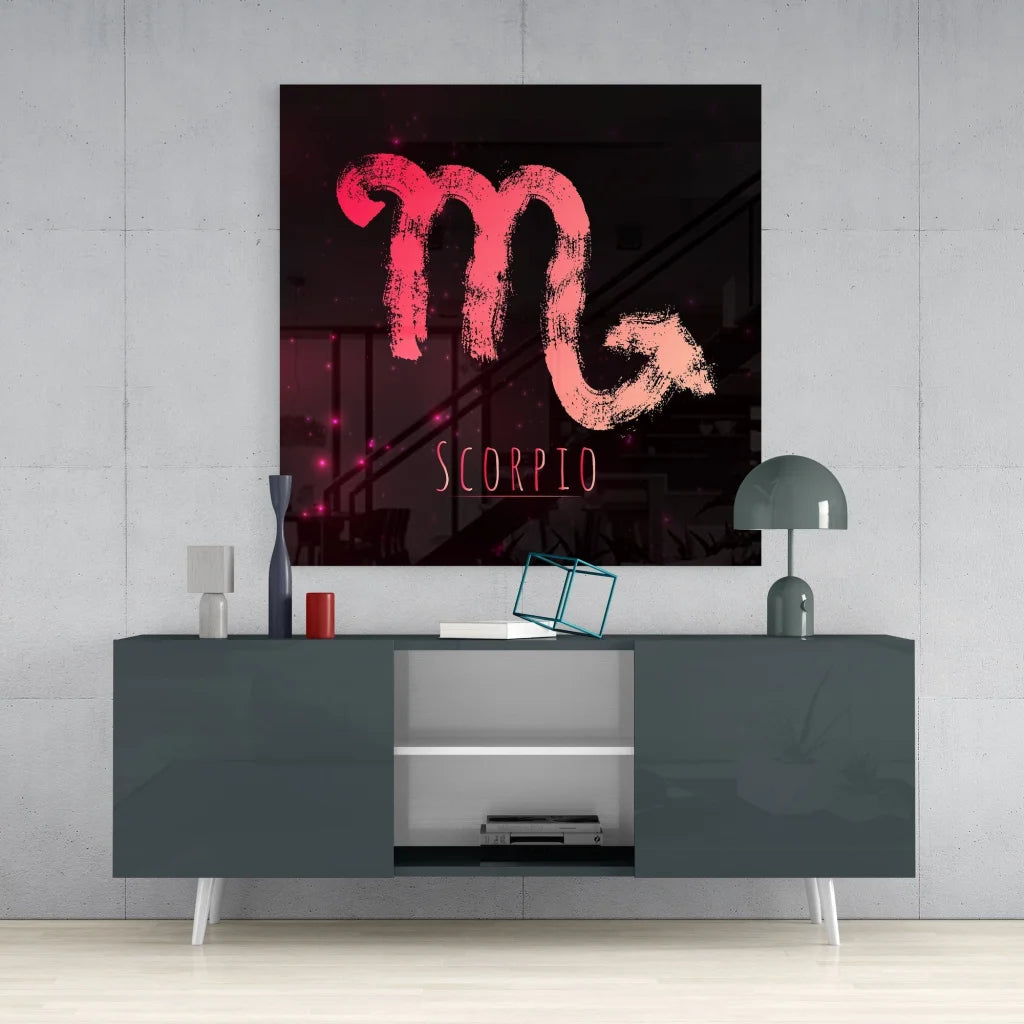 Vibrant pink Scorpio tempered glass art with brushstroke texture