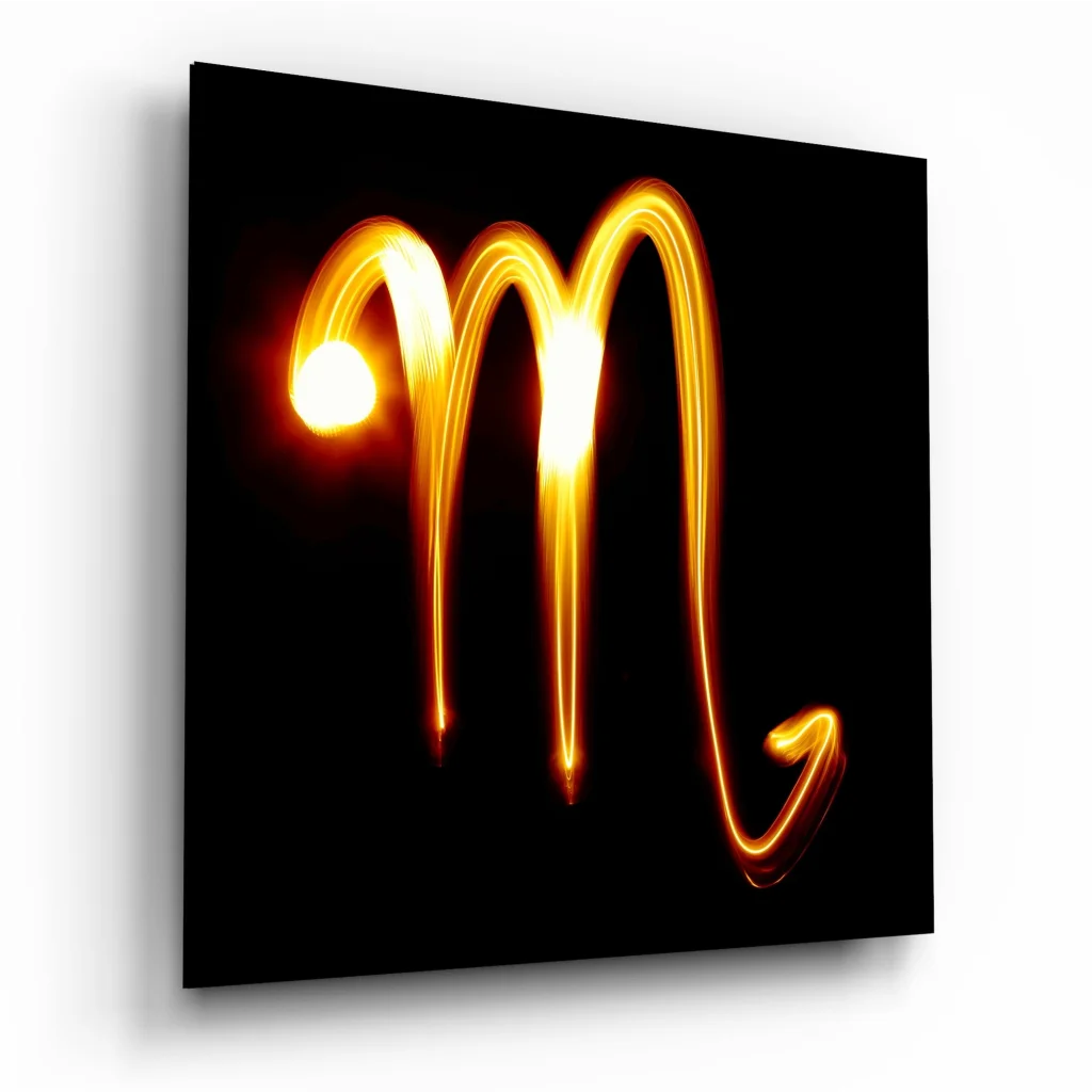 Glowing golden Scorpio zodiac tempered glass art on black canvas