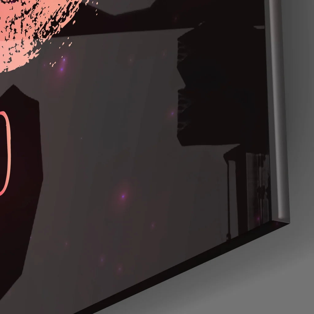 Scorpio zodiac tempered glass art with glowing pink purple specks on gray