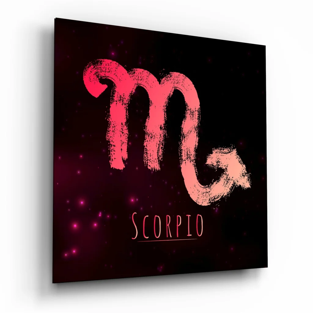 Pink Scorpio zodiac tempered glass art on dark background