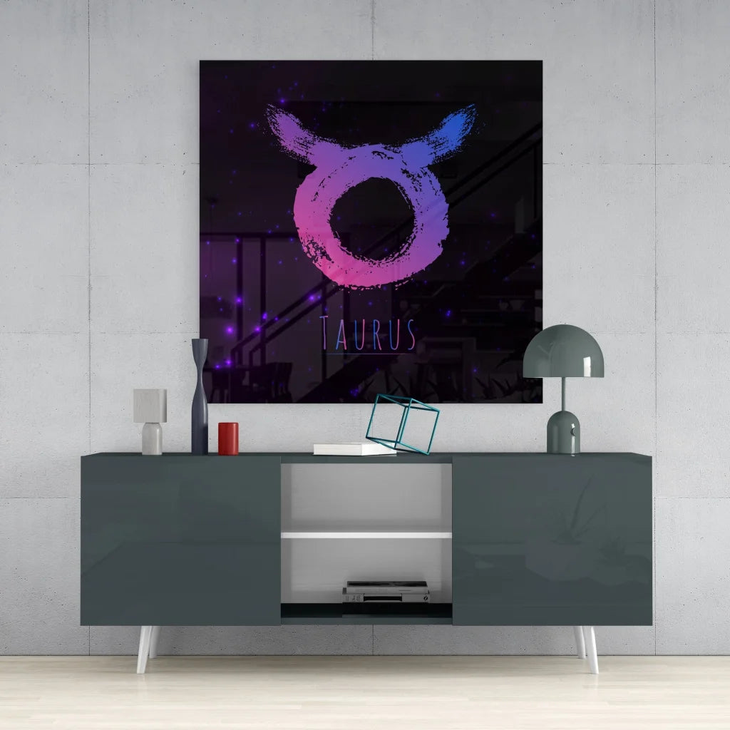 Taurus Zodiac Tempered Glass Art with Cosmic Glow | Contemporary Home Wall Art | vintageantiquesgifts.com