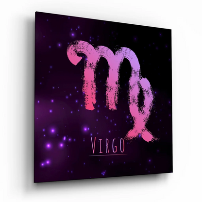 Pink and purple Virgo zodiac tempered glass art on starry background