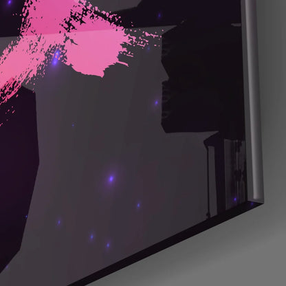 Virgo zodiac tempered glass art with cosmic purple glow cityscape