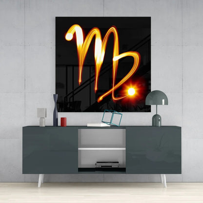 Glowing Virgo zodiac tempered glass art with orange light trail