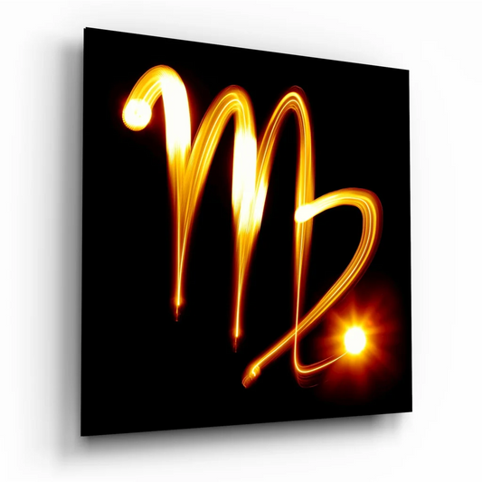Glowing Virgo zodiac tempered glass art with golden light trail