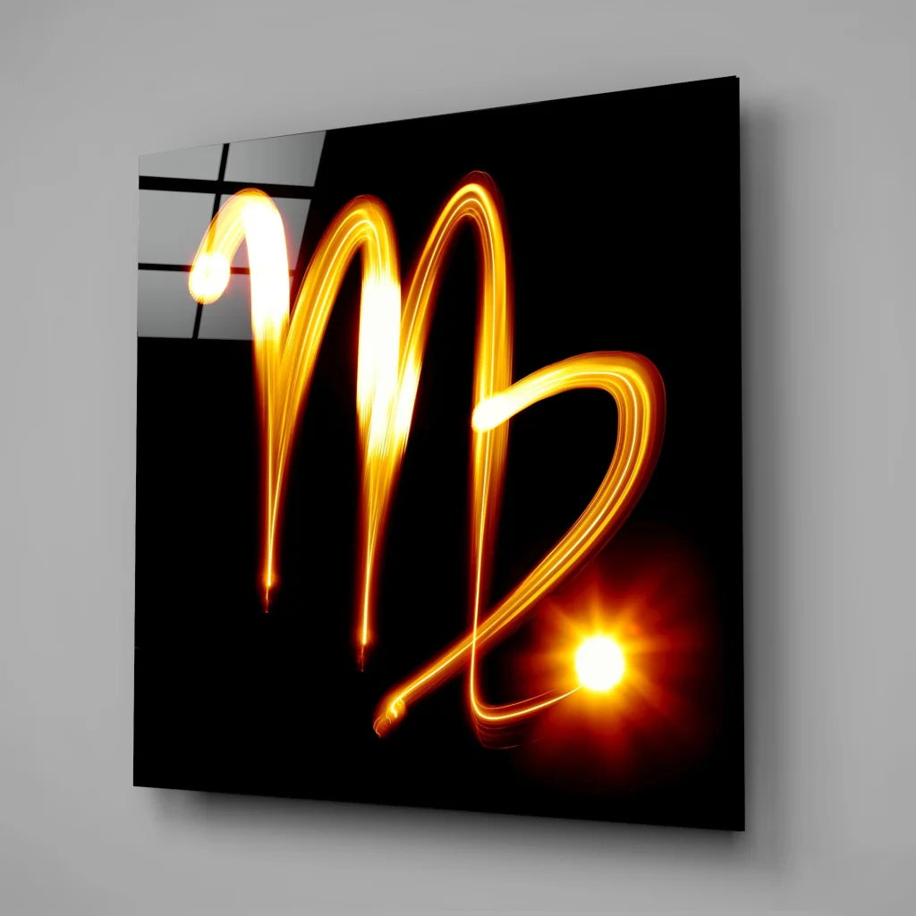 Glowing Virgo zodiac tempered glass art with golden light trail