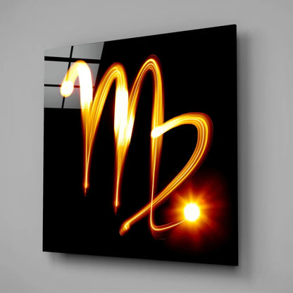 Glowing Virgo zodiac tempered glass art with golden light trail