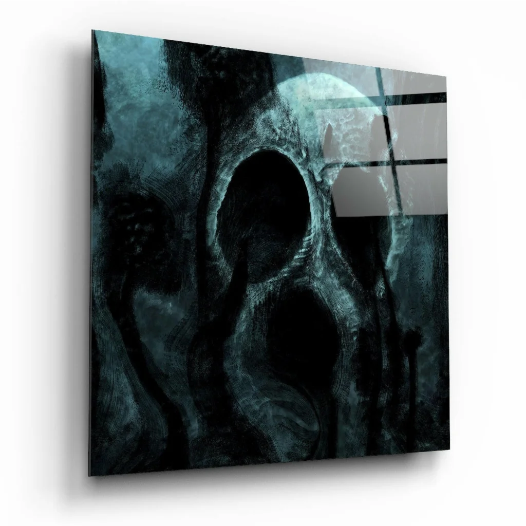 Dark teal abstract skull glass wall art with metallic frame