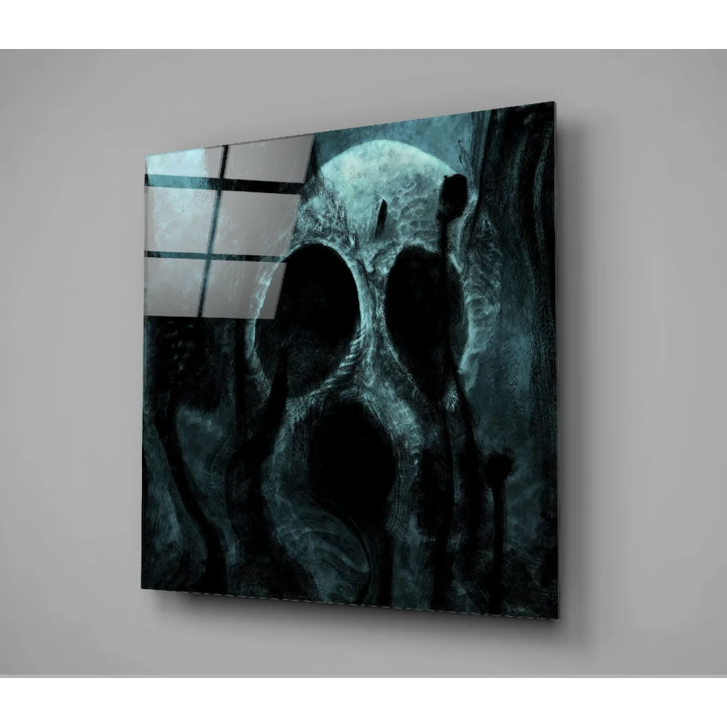 Dark teal and black abstract skull glass wall art on metallic frame